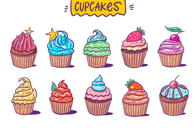 Gran colección de Sweet Ten Cupcakes. Estilo de dibujos animados.