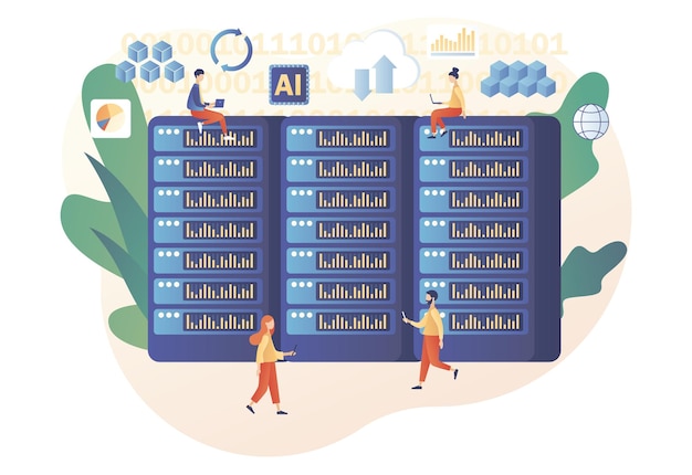 Gran concepto de datos. ingenieros de datos de personas diminutas. ciencia de datos y empleos. análisis de los datos. desarrollador