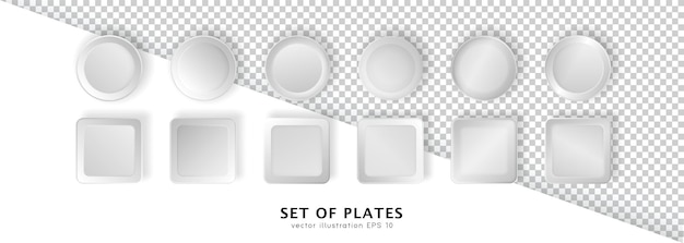 Gran conjunto de 12 platos realistas diferentes. Maqueta 3d de platos redondos blancos. Plantilla de utensilios de cocina vacíos