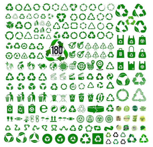 Gran conjunto de 170 iconos de ecología Icono de reciclaje Símbolos y signos para el diseño de productos de embalaje