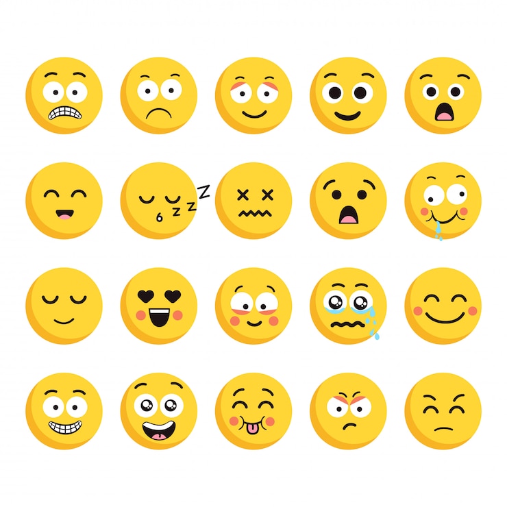Vector gran conjunto de 20 emoticonos de dibujos animados vectoriales de alta calidad, en estilo de diseño plano. divertido diseño de estilo diferente