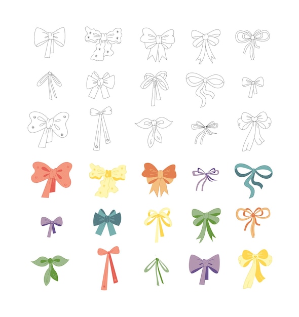 Gran conjunto de 30 arcos de garabateo diferentes para el cabello Ilustración vectorial en blanco y negro de color