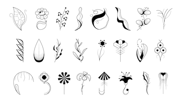 Gran conjunto abstracto Doodle Colección dibujada a mano Botánica Hierbas Flora Hoja Rama Vid Flor Plantas