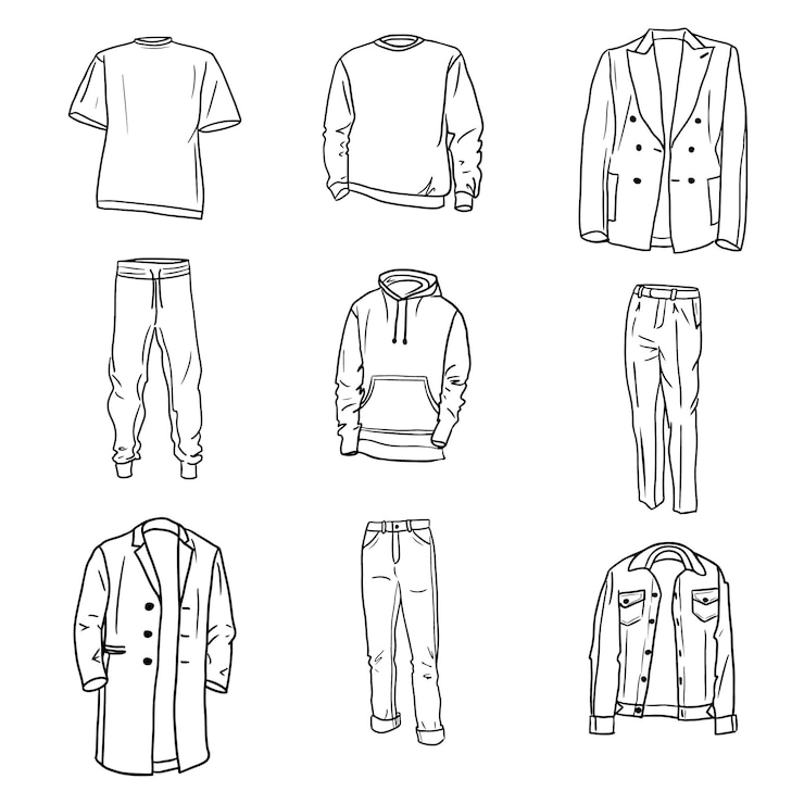 Vector gran conjunto aislado de vectores dibujados a mano de bocetos de ropa de todos los días para hombres sobre fondo blanco