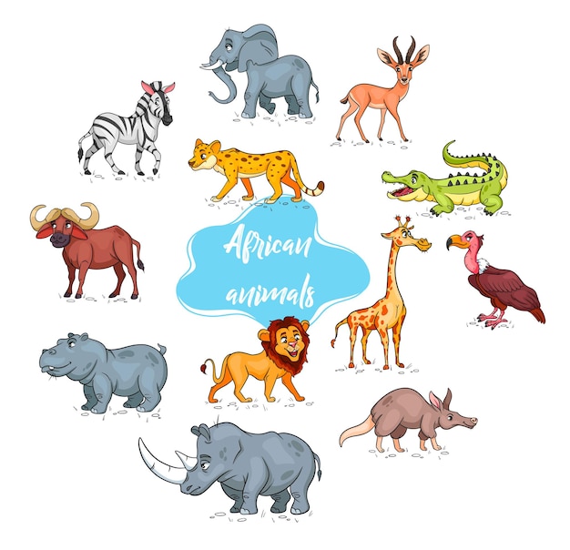 Gran conjunto de animales africanos. Personajes de animales divertidos en estilo de dibujos animados. Ilustración infantil. Colección de vectores.
