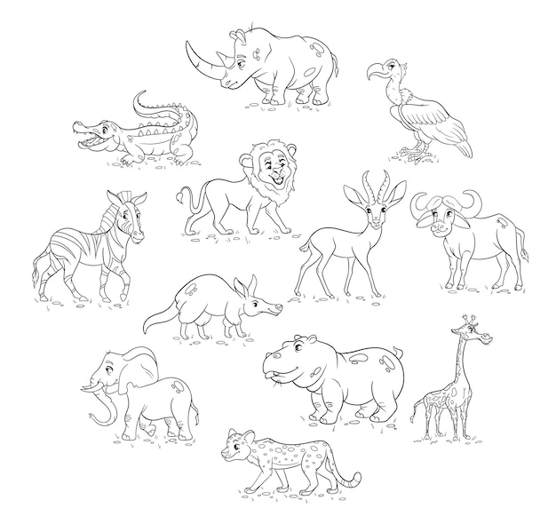 Vector gran conjunto de animales africanos personajes de animales divertidos en estilo de línea ilustración infantil colección de vectores