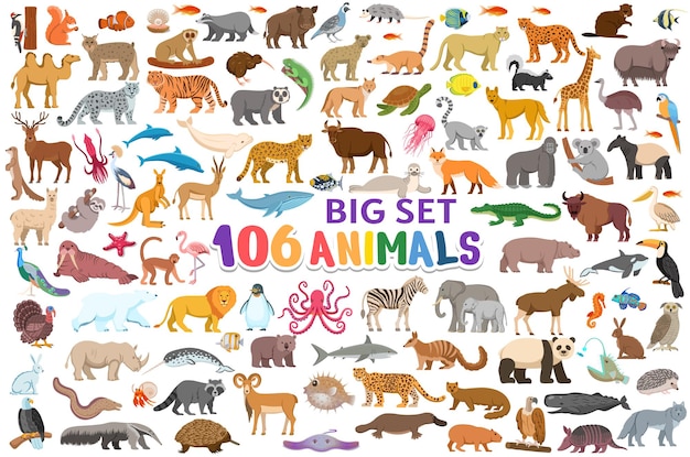 Gran conjunto de animales aislado en blanco
