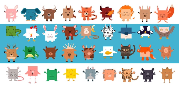 Un gran conjunto de animales de forma cuadrada ilustración vectorial