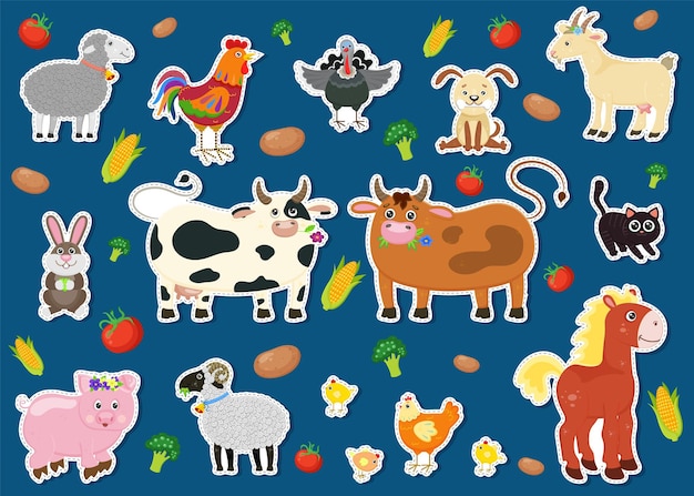 Gran conjunto de animales de granja Colección animales divertidos Lindos animales domésticos en estilo de dibujos animados cerdo gallo gallina amarillo pollo caballo vaca conejo oveja pavo gato cabra Vector ilustración