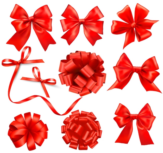 Gran conjunto de arcos de regalo rojo con cintas Vector