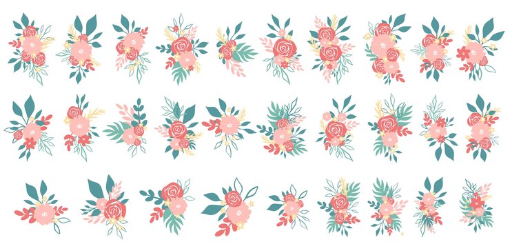 Vector un gran conjunto de arreglos florales con rosas y plantas rosas