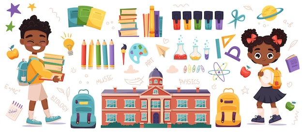 Un gran conjunto de artículos escolares y escolar y niño afroamericano bienvenido de vuelta a la escuela