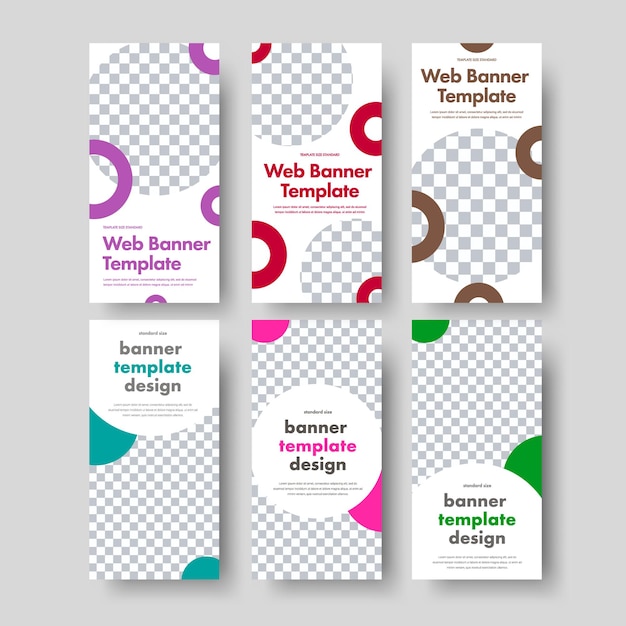 Gran conjunto de banners web verticales en blanco con un lugar para una foto y elementos de diseño redondos en color. Plantillas de tamaño estándar para publicidad.