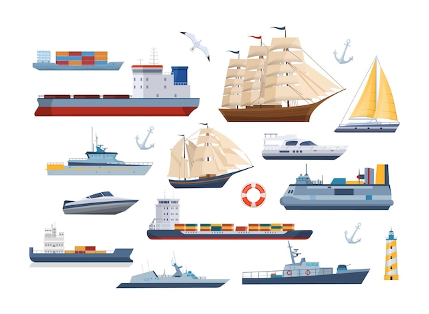 Gran conjunto de barcos marítimos en el mar, barcos de envío