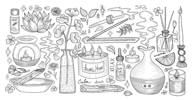 Gran conjunto de bocetos de aromaterapia con velas, difusores, aceites, elementos de spa y hierbas excelentes para el bienestar