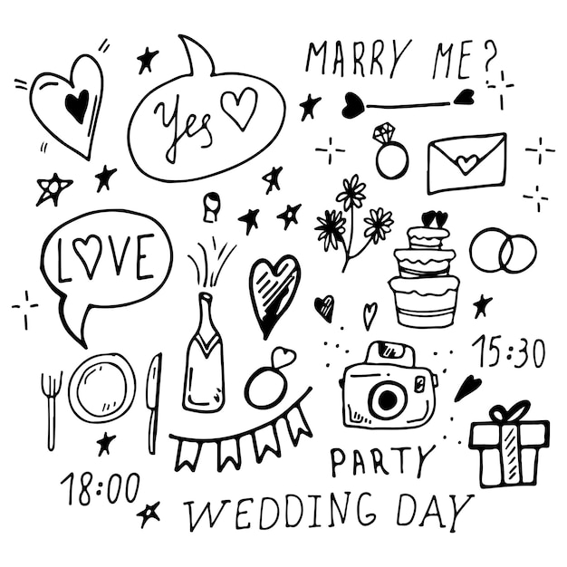 Gran conjunto de bodas gráficos de arte de línea elementos de bodas caligrafía texto aislado