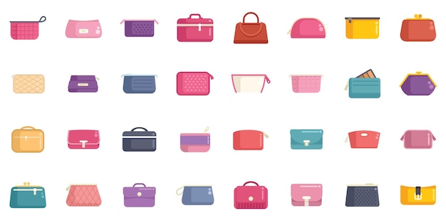 Gran conjunto de bolsas cosméticas coloridas para maquillaje que representan la belleza y la moda