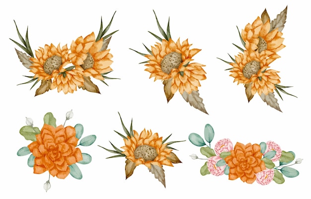 Gran conjunto botánico de flores silvestres conjunto de piezas separadas y unidas a un hermoso ramo de flores en estilo de colores de agua en la ilustración de vector plano de fondo blanco