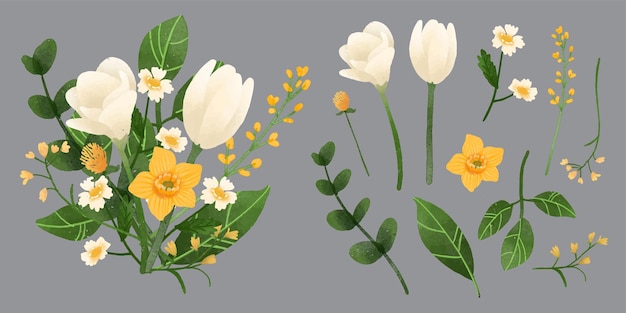 Gran conjunto botánico de flores silvestres Conjunto de piezas separadas y unidas a un hermoso ramo de flores en estilo de colores de agua en la ilustración de vector plano de fondo blanco