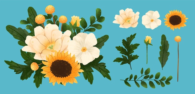 Gran conjunto botánico de flores silvestres conjunto de piezas separadas y unidas a un hermoso ramo de flores en estilo de colores de agua en la ilustración de vector plano de fondo blanco