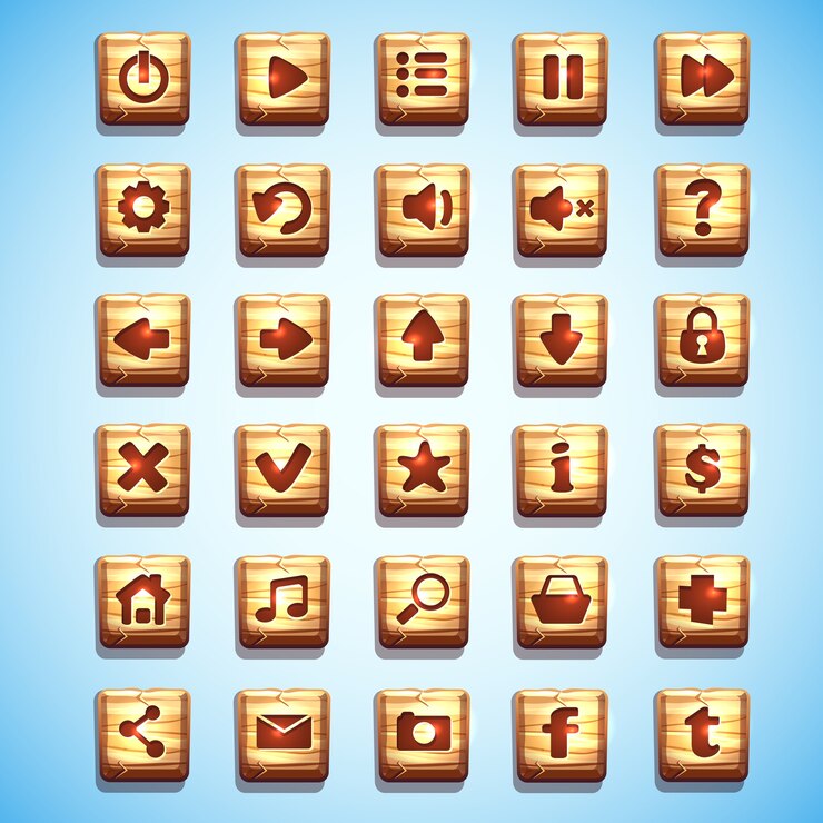 Vector gran conjunto de botones cuadrados de madera para la interfaz de usuario de juegos de computadora y diseño web