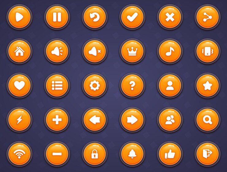 Vector gran conjunto de botones naranjas al estilo de dibujos animados gui para construir juegos 2d kit de botones casuales de dibuj os animados