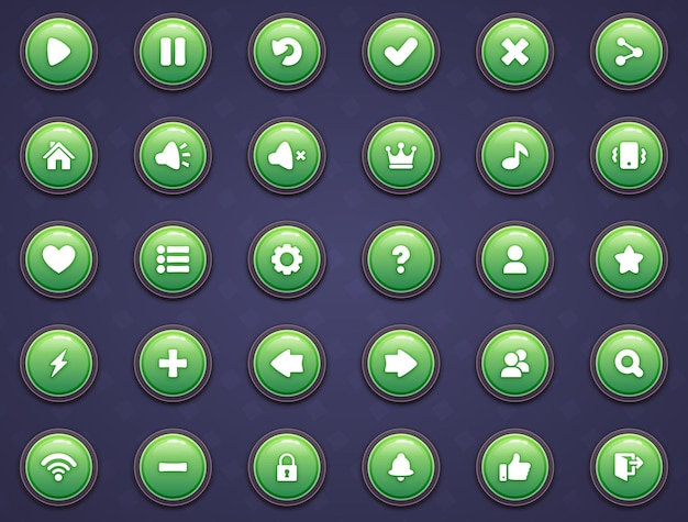 Gran conjunto de botones verdes al estilo de dibujos animados gui para construir juegos 2d kit de botones casuales de dibuj os animados