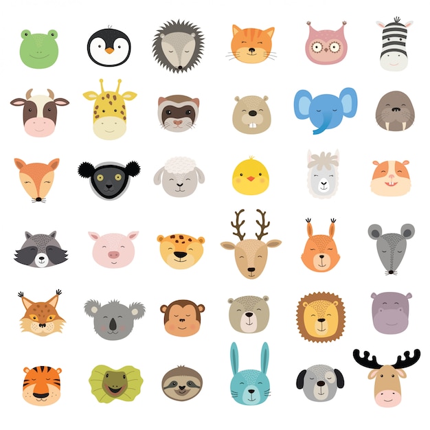 Vector gran conjunto de caras de animales lindos.