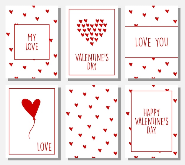 Gran conjunto de carteles minimalistas para el Día de San Valentín Carteles con corazones rojos y tarjetas con letras