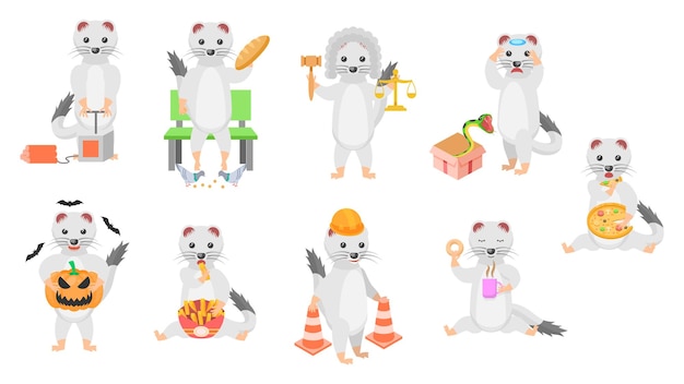 Gran conjunto Colección Abstracta dibujos animados planos Diferentes animales Ermines Vector Diseño Estilo Elementos Fauna