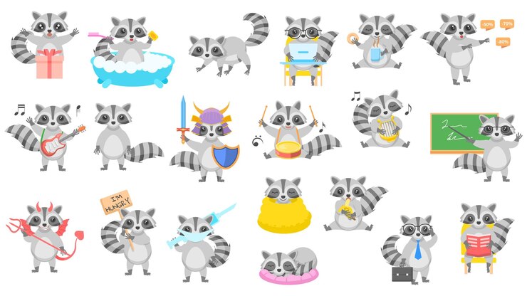 Vector gran conjunto colección abstracta dibujos animados planos diferentes animales mapaches estilo de diseño vectorial elemento fauna