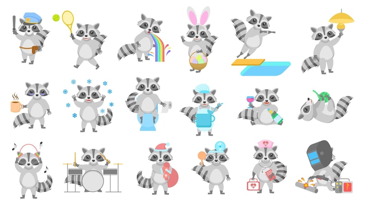 Vector gran conjunto colección abstracta dibujos animados planos diferentes animales mapaches estilo de diseño vectorial elemento fauna