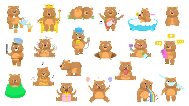 Gran Conjunto Colección Abstracta Dibujos Animados Planos Diferentes Animales Wombats Vector Diseño Fauna Vida Silvestre