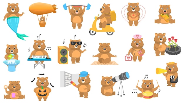 Gran Conjunto Colección Abstracta Dibujos Animados Planos Diferentes Animales Wombats Vector Diseño Fauna Vida Silvestre