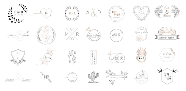 Gran conjunto de colección de logotipos de monogramas de boda, plantillas minimalistas y florales modernas dibujadas a mano para tarjetas de invitación, guardar la fecha, identidad elegante para restaurante, boutique, cafetería en vector