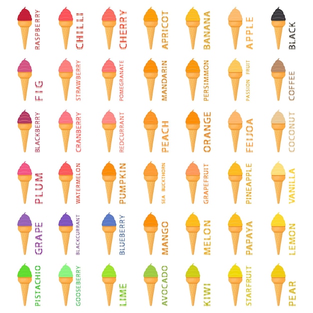 Gran conjunto colorido de diferentes tipos de helados naturales.