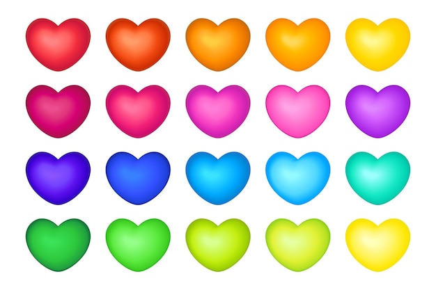 Gran conjunto de coloridos iconos de corazón 3D rojo naranja amarillo verde azul y púrpura