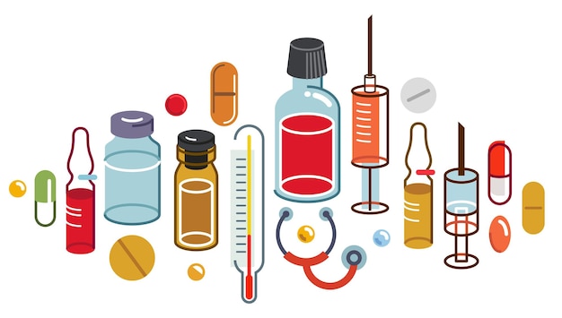 Vector gran conjunto de composiciones de medicamentos ilustración plana vectorial aislada medicamentos farmacéuticos botellas y pastillas y ampollas cuidado de la salud y curación diseño de temas médicos