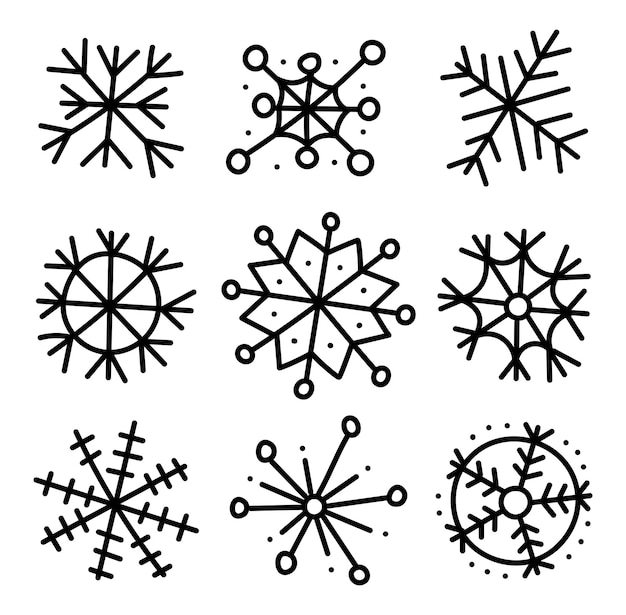 Gran conjunto de copos de nieve dibujados a mano Varios copos de neve vectoriales lineales Buenos para pegatinas de tarjetas Año