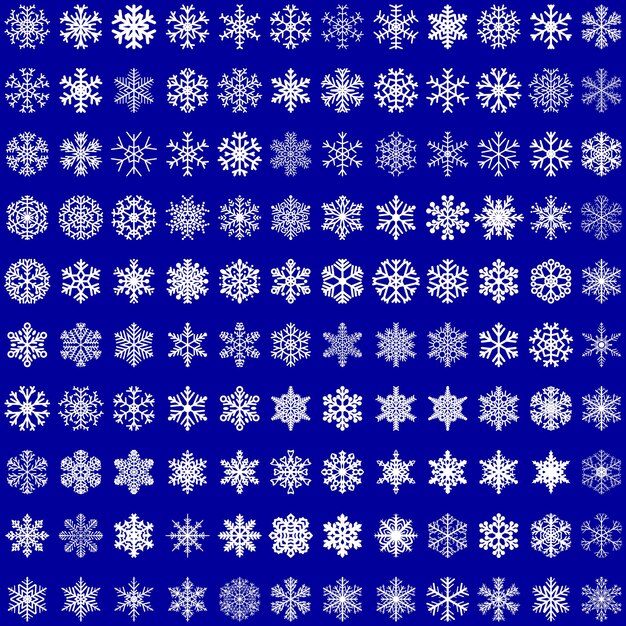 Vector gran conjunto de copos de nieve de navidad blanco sobre fondo azul.