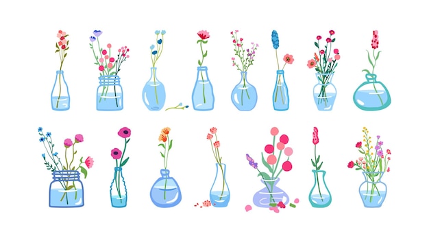Un gran conjunto de delicadas y graciosas flores silvestres ramos de vaso de vidrio tallos tallos follaje simple floral