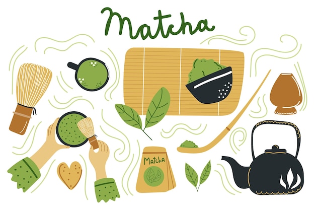 Gran conjunto dibujado a mano de ceremonia japonesa con Matcha Hands sosteniendo té