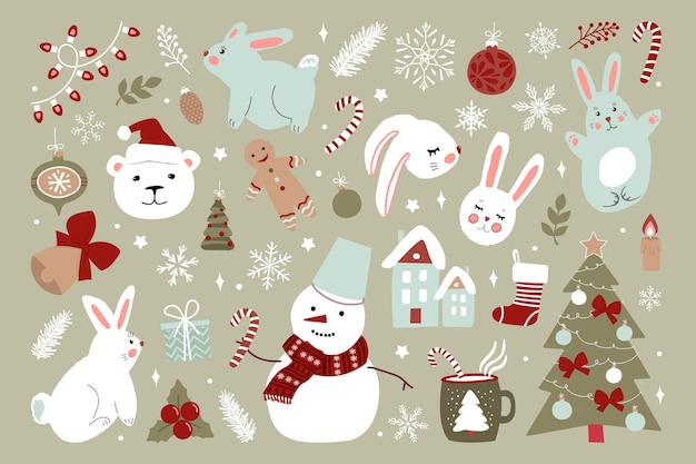 Un gran conjunto de dibujos navideños con conejos lindos, hombres de nieve, pan de jengibre.