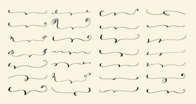 Gran conjunto de dibujos negros entre corchetes o paréntesis subrayados dibujados a mano con lápiz horizontal
