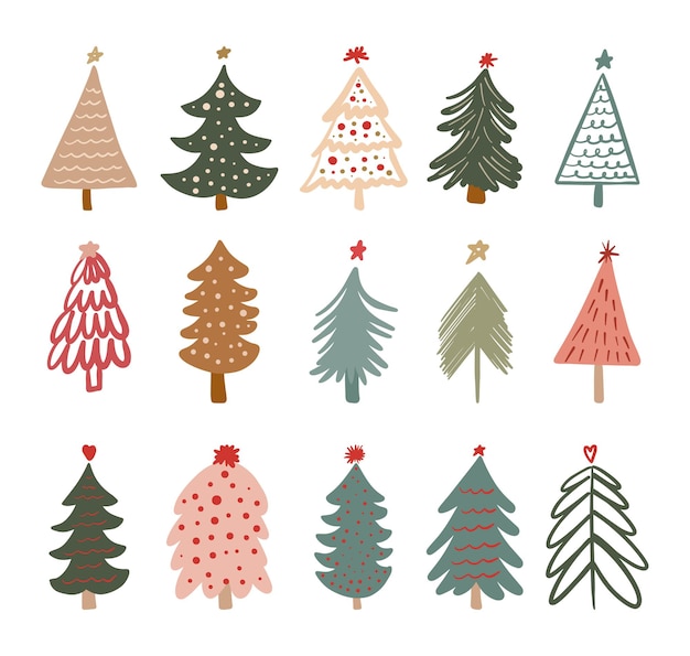 Gran conjunto de diferentes elementos de símbolo de doodle infantil dibujados a mano de árbol de navidad minimalista simple