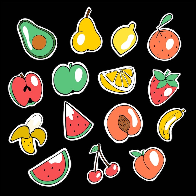 Vector gran conjunto de diferentes frutas sobre fondo negro