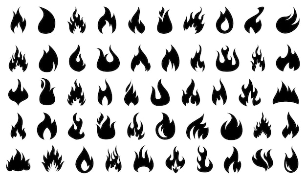 Vector gran conjunto de diferentes llamas de fuego en negro