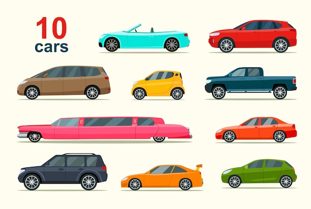 Gran conjunto de diferentes modelos de coches. Ilustración vectorial