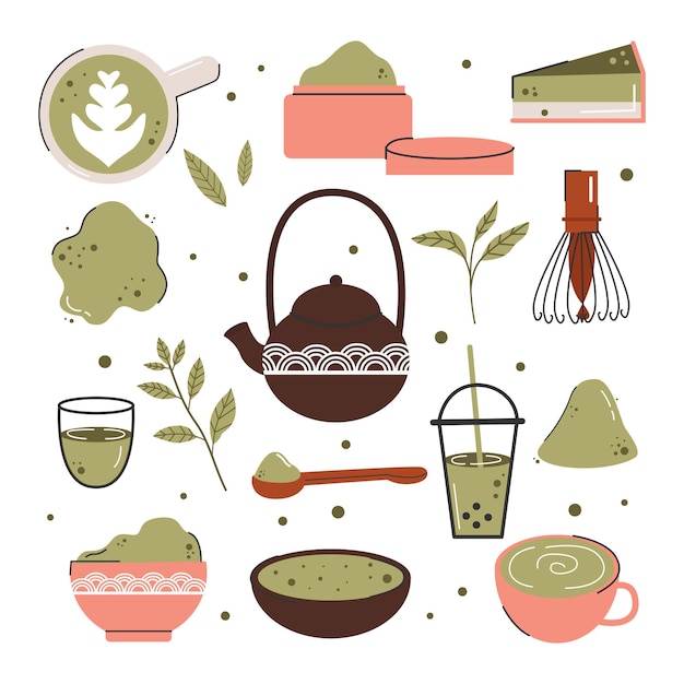 Gran conjunto de diferentes productos de té matcha al estilo de garabatos La cultura japonesa del té Matcha Latte es una bebida saludable Ilustración de moda de color vectorial dibujada a mano