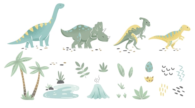 Vector gran conjunto de dinosaurios bebés verdes recién nacidos dibujados a mano brontosaurio tiranosaurio y triceratops